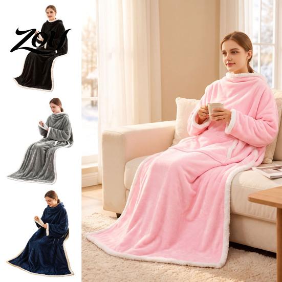 Skin Friendly Winter Blanket Flannel Wearable with Sleeves, Adults Fleece Lined Kangaroo Pocket, Soft Polyester for Cozy Plush Wrap Cold Days