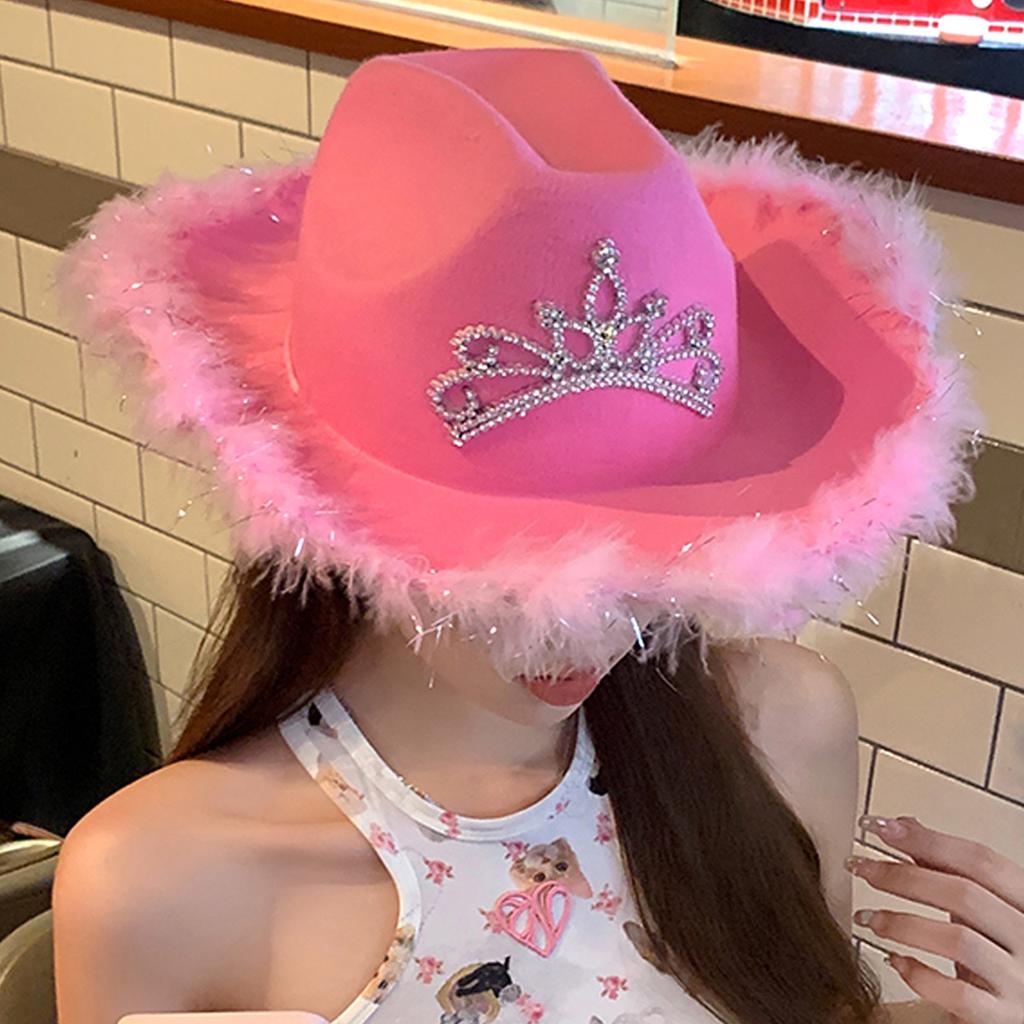 Винтажная светодиодная ковбойская шляпа с перьями на полях и стразами на тулье, женская фетровая шляпа с мишурой в западном стиле, шляпа для ковбоев