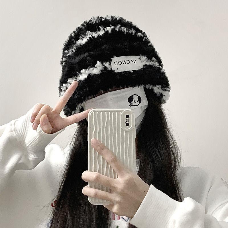 Cute Bear Wool Hat Women's Winter Thickened Plush Warm Plush Bald Hat Autumn and Winter Big Head Circumference Knitted Hat