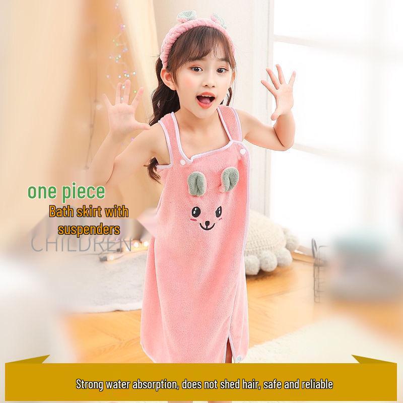 Children's Wearable Bath Towel & Headband Set - Soft, Absorbent, Lint-Free Bathrobe for Kids