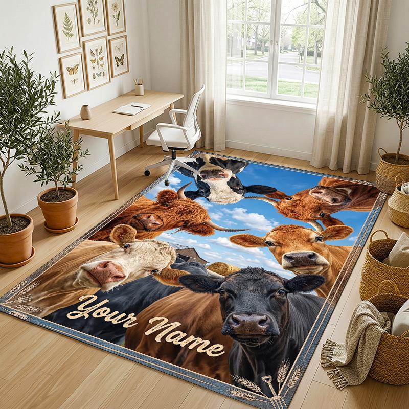 Cow Highland Theme Crystal Velvet Rug Personalized Custom Name Text Soft Floor Mat Home Decor