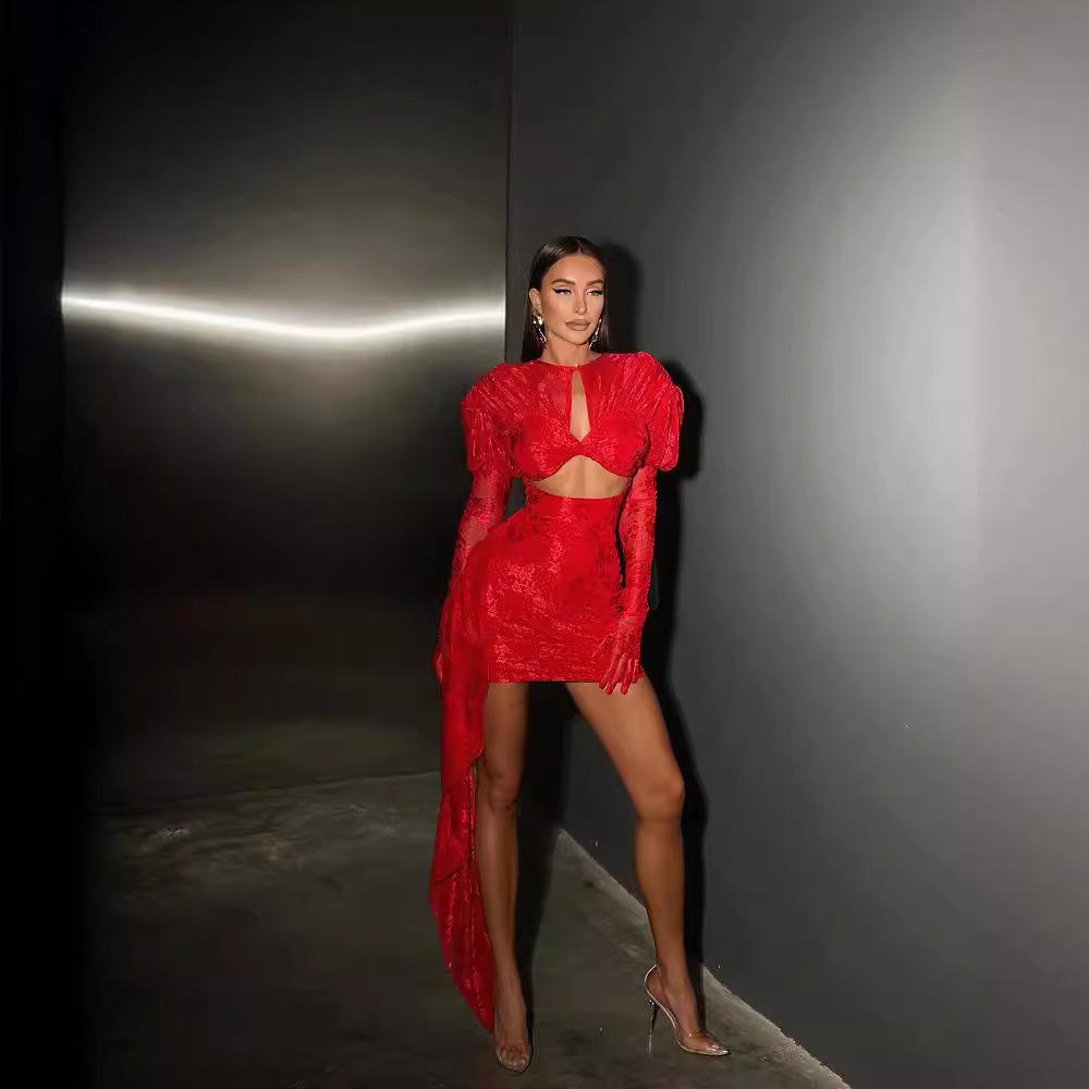 Летнее горячее кружевное платье с асимметричной юбкой 2024 года для ночных клубов