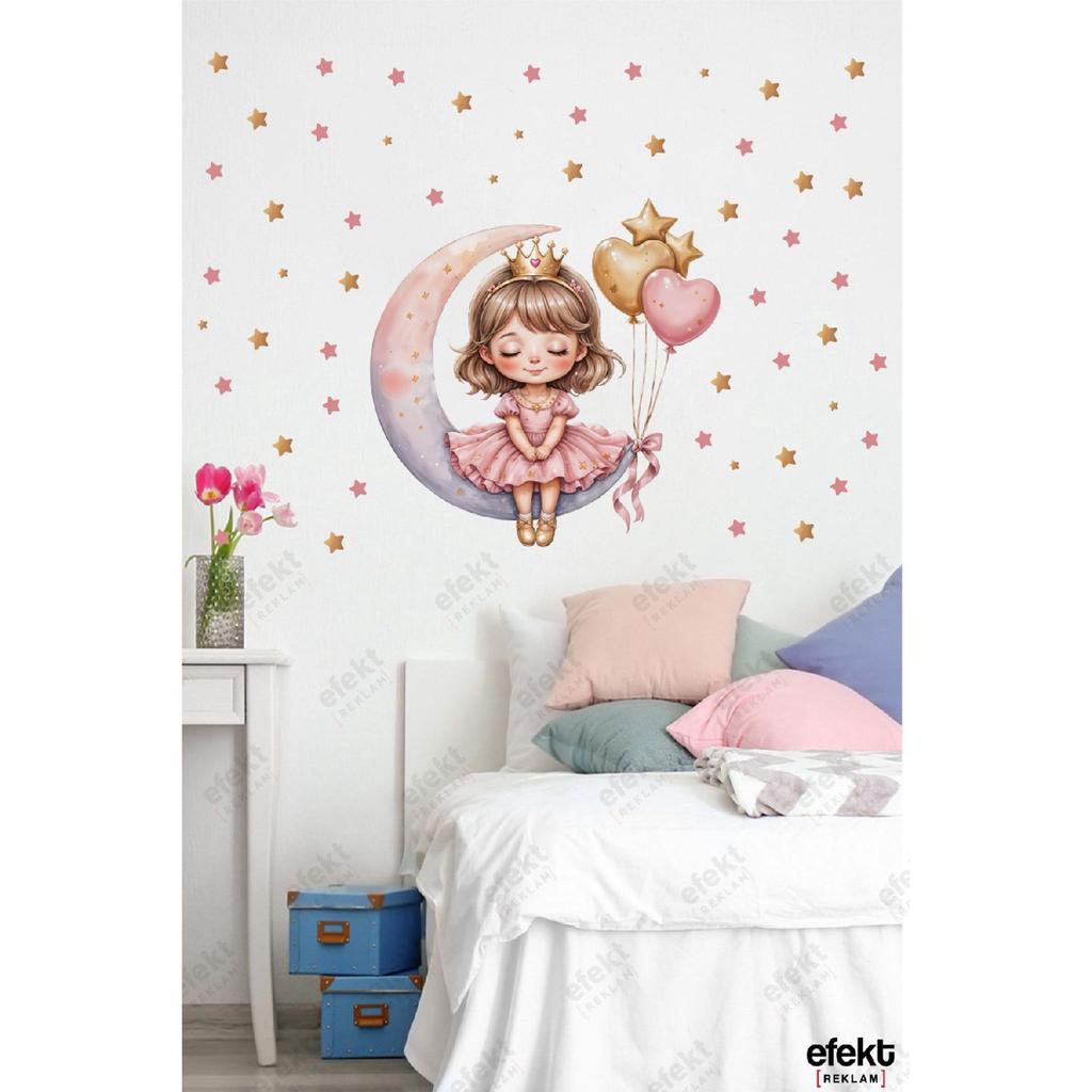Cute Girl Sitting On The Moon Kids Room Door - Wall Adhesive Sticker Set