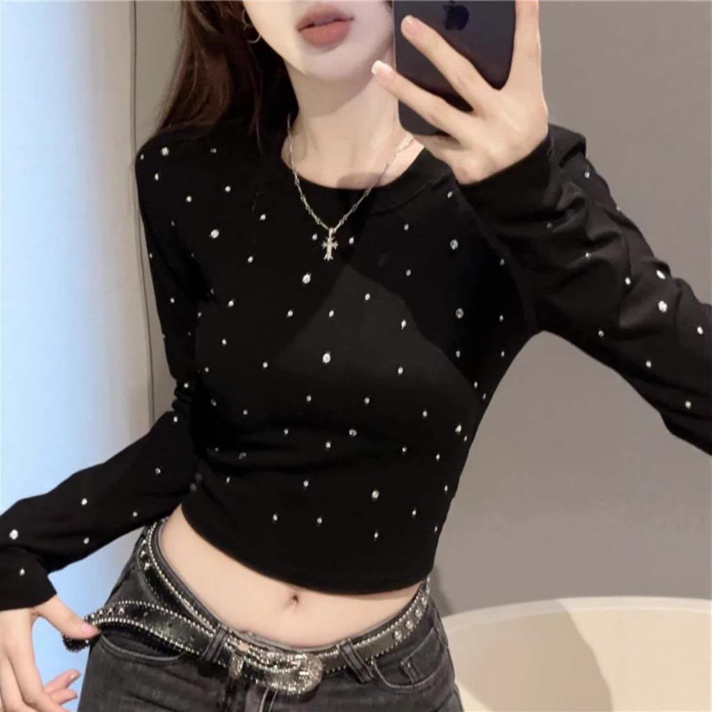 Pure desire sweet hottie retro chic personalized hot diamond sexy female slim long sleeve T-shirt black short open button top