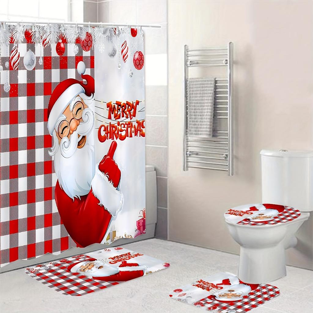 4 шт. Рождественский комплект занавесок для душа, водостойкий с 12 крючками, нескользящий коврик для ванной комнаты, U-образный коврик для унитаза, накладка на крышку унитаза