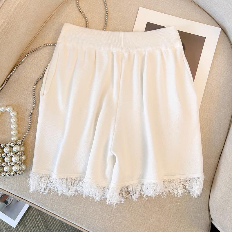 French Style Pink Tassel Knit Camisole & High Waist Wide-Leg Shorts for Women