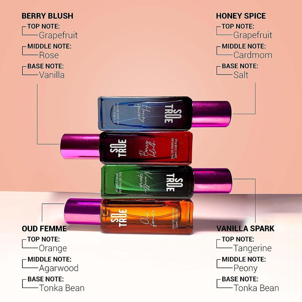 Подарочный набор духов для женщин, упаковка 4x20 мл | Роскошный стойкий парфюмерный спрей премиум-класса | Berry Blush, Honey Spice, Oud Femme и Vanilla Spark