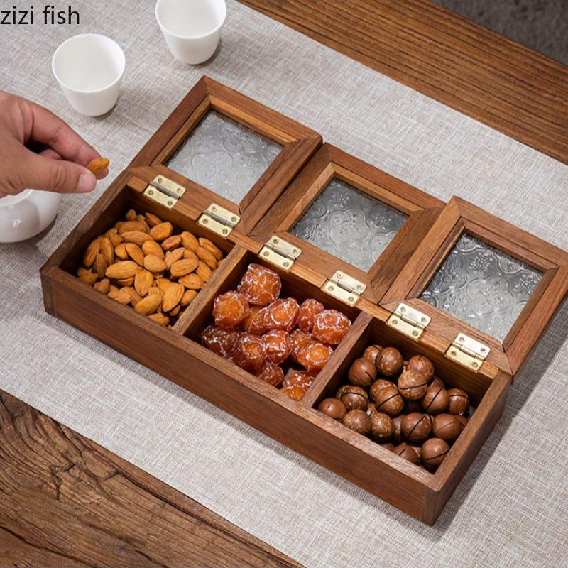 Ящик для хранения из цельного дерева, стеклянная крышка, шкатулки для украшений, 3 решетки, тарелка для закусок, коробка для сухофруктов, коробки для конфет, органайзер для украшений, подносы для закусок