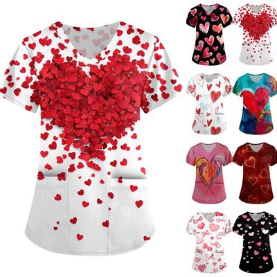 Большой размер Принтованный скраб Рабочая униформа Топы для женских V-образный вырез с запахом Принт Короткий рукав Веселые футболки Рабочая одежда Футболка с карманами