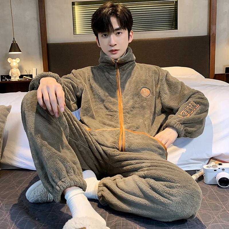 Зимняя мужская фланелевая утепленная теплая пижамная одежда с застежкой-молнией, брюки с длинным рукавом, домашняя одежда для молодых мальчиков, пижамы