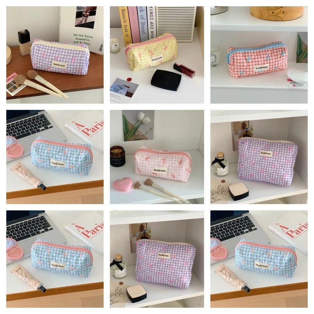 Korean Style Lattice Cosmetic Bag Large Capacity Portable Makeup Bag Sweet Cute Storage Bag Girls