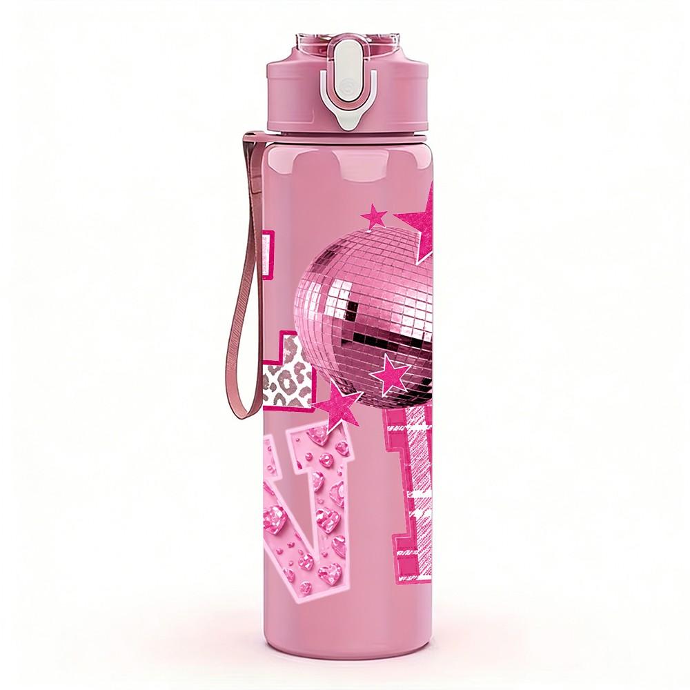 1PC Pink Love Heart Letter Art 750ml Color Plastic Sports Water Bottle Leakproof Flip Straw Lid Suitable for Sports Office Home Use