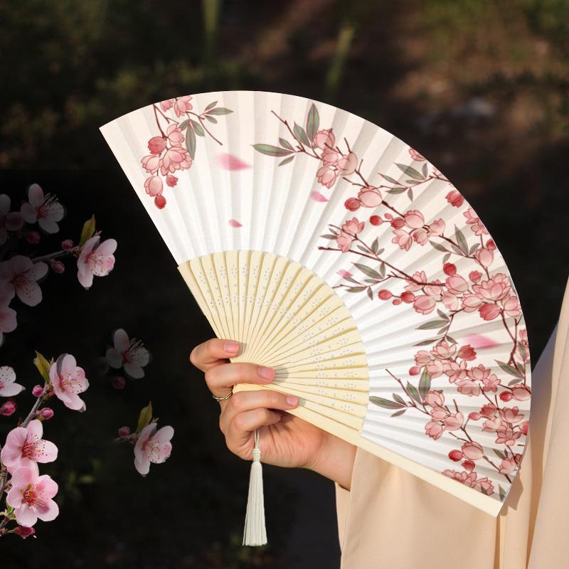 Портативный ручной складной веер в китайском стиле, реквизит для танцев, ретро веер-ракушка, женский, мужской, бамбуковое дерево, шелк, цветок, складной веер