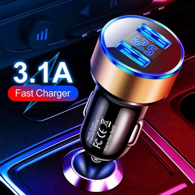 Двойное USB автомобильное зарядное устройство со светодиодным дисплеем, алюминиевый сплав, адаптер прикуривателя, быстрая зарядка, многофункциональное.