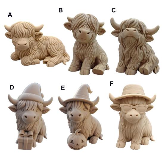 Хайлендская корова Домашний декор бонсай Мини-фигурка коровы в ковбойской шляпе Напечатанная на 3D-принтере Реалистичная текстура Хэллоуинское украшение