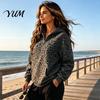 Kangaroo Pocket Hoodie Women Leopard Print Hoodie, Oversized Half Zip Hooded Sweatshirt with Long Sleeve Casual Top Pocket, Fall Pullover