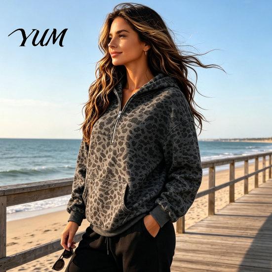 Kangaroo Pocket Hoodie Women Leopard Print Hoodie, Oversized Half Zip Hooded Sweatshirt with Long Sleeve Casual Top Pocket, Fall Pullover