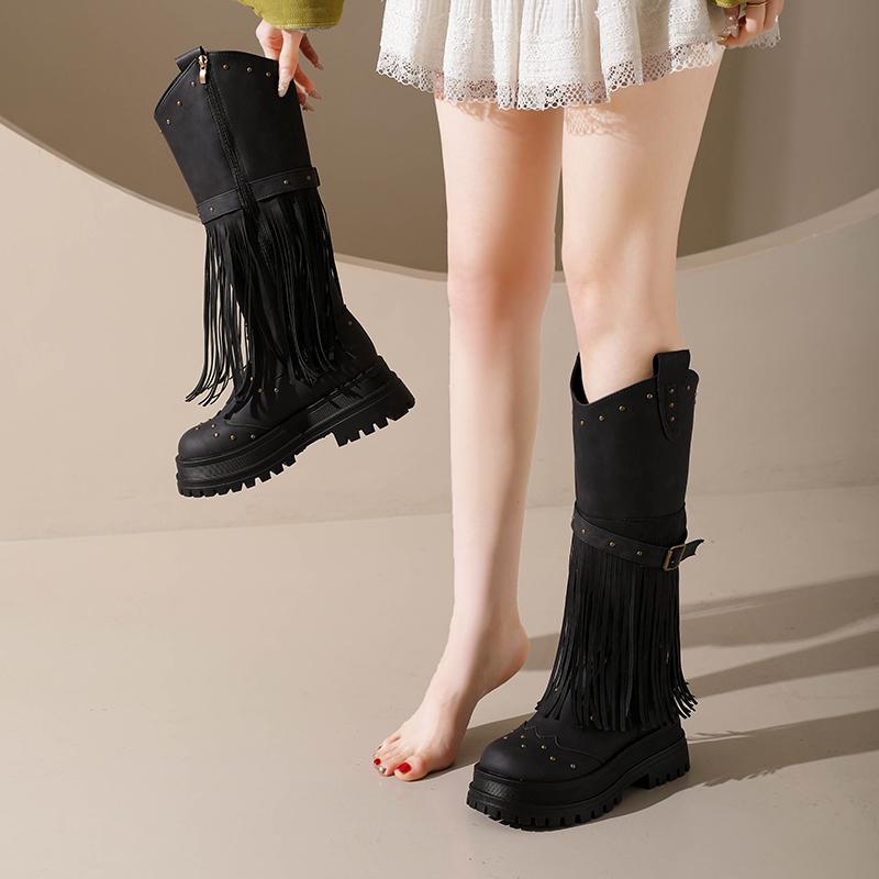 Fashion Tall Boots Winter New Round Toe Studded Tassel Side Zip Platform Non-Slip Block Heel Boots