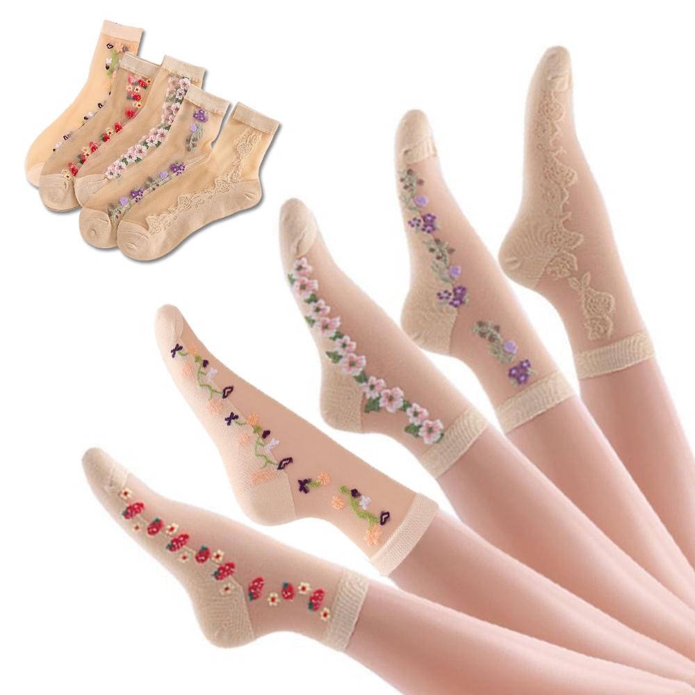 5 Pairs Women Ice Silk Mid Calf Socks Spring Summer Breathable Thin Crystal Sheer Snag Hosiery