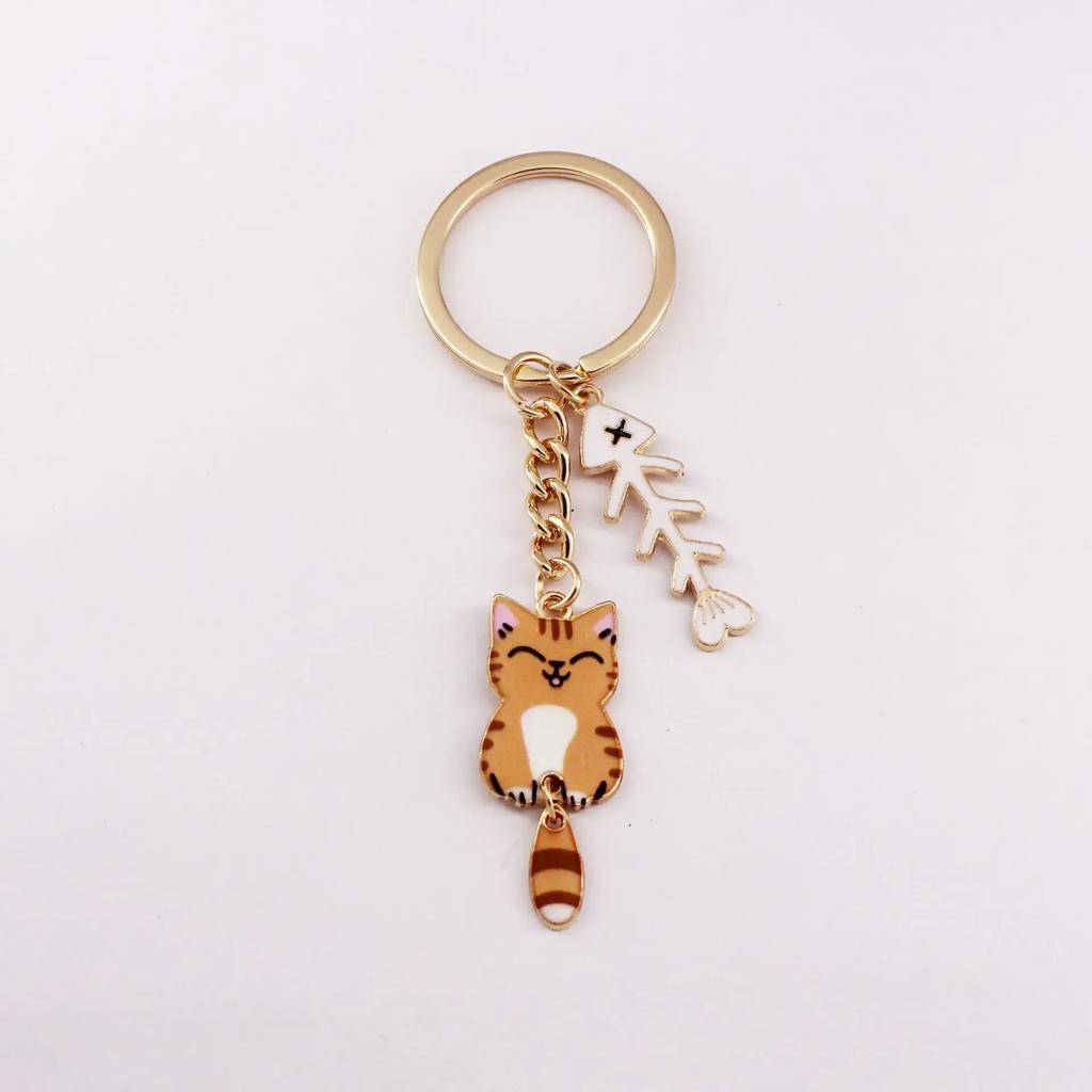 Super Cute Cartoon Cat Key Chains Gold Color Metal Kitten and Fishbone Ornament Woman's Funny Keychains