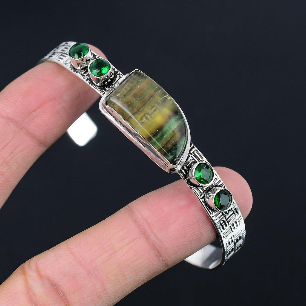 Natural Multi Fluorite Gemstone Bangle Adjustable 925 Sterling Silver Jewelry