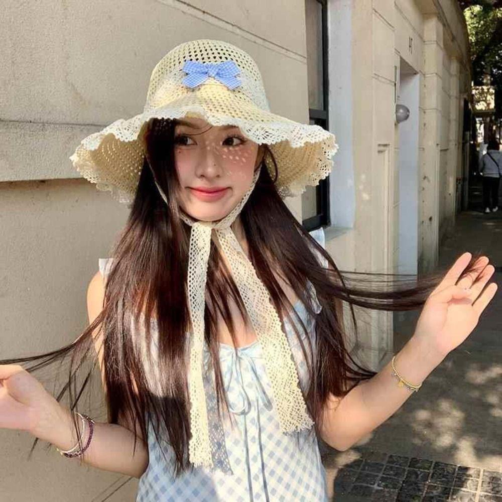 French Style Lace Bucket Hat Sweet Women's Sun Hat Sunscreen Bow Ribbon Straw Hat Girls