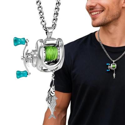 Ожерелье с рыболовной катушкой Мини-вращающаяся катушка Ожерелье Рыбацкое украшение Подвеска Панк Цепочка для свитера