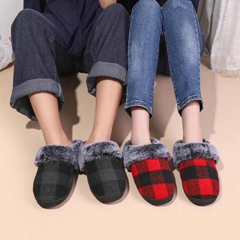 Cozy Plaid Fur Slippers: Non-slip, Plush Velvet, Winter Warmth for Home