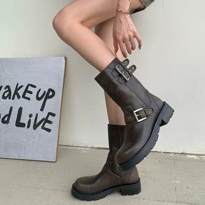 Осенние черные боевые ботинки на платформе с пряжкой и застежкой-защелкой для женщин, утолщенные зимние мотоциклетные ботинки Q140