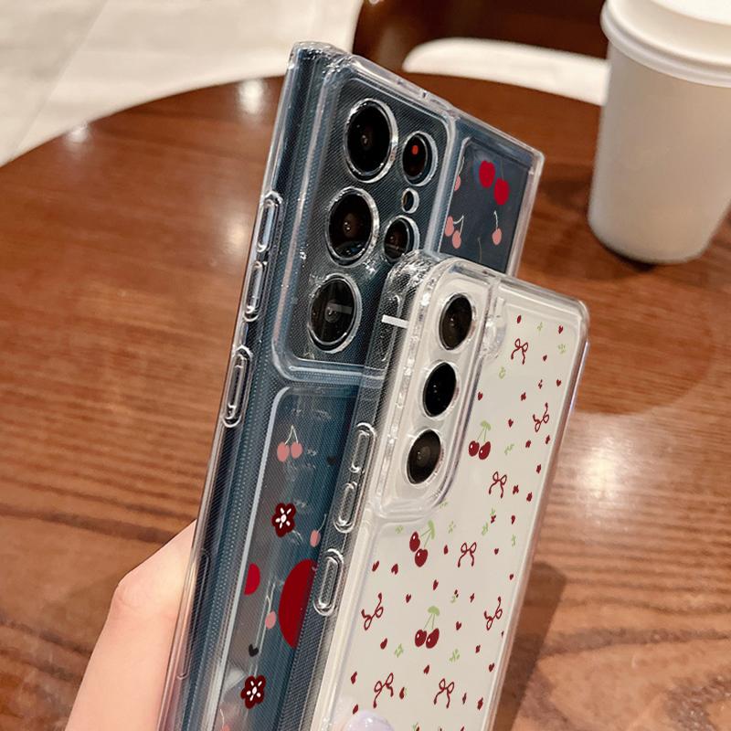 Красный вишневый принт прозрачный мягкий силиконовый чехол для телефона Samsung S25 Ultra S24 FE S23 A16 A56 A36 A55 A15 A25 прозрачный противоударный защитный чехол для объектива