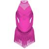 Girls Latin Dance Leotard Ruched Mesh Drapes Cutout Tassel Design Glittery Rhinestones Costume