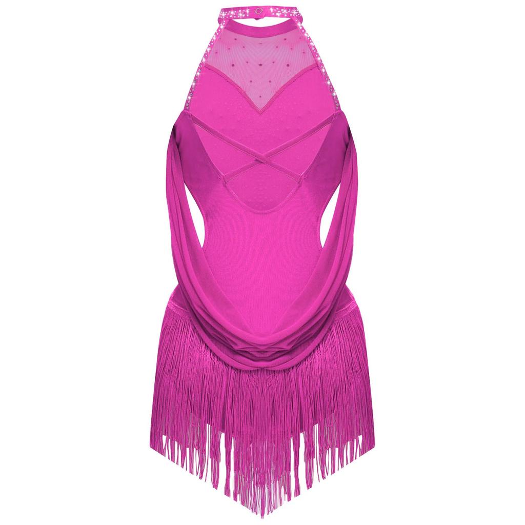 Girls Latin Dance Leotard Ruched Mesh Drapes Cutout Tassel Design Glittery Rhinestones Costume