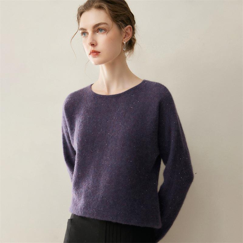 Women's Cashmere Sequin Knit Sweater - Autumn/Winter Low Round Neck, Loose & Slimming Fashion Top