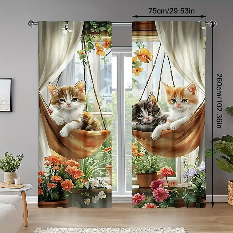 2 шт. - Очаровательные шторы с принтом кошек и цветов, шторы с кулиской, для спальни и гостиной, украшение дома, украшение комнаты