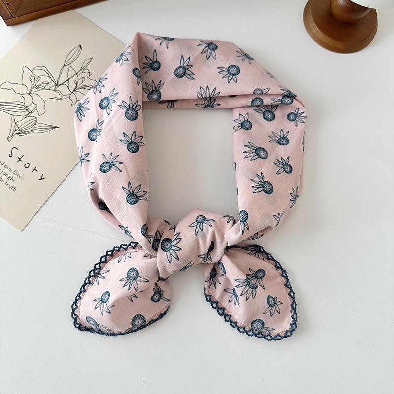 70% Cotton Linen Small Square Silk Scarf - Korean Style Floral Design for Versatile Neckwear and Decorative Use
