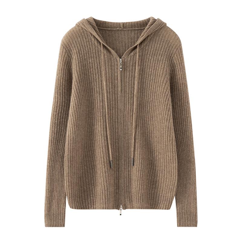 Women's 100% Pure Cashmere Striped Zipper Hooded Cardigan Sweater