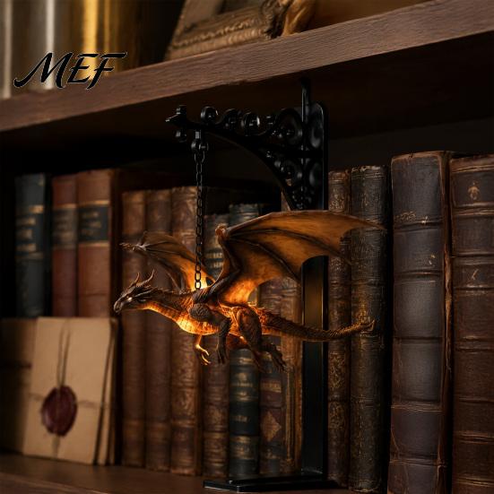 Dragon Statue for Desk Magical Flying Bookshelf Lamp, Warm Hanging Night Light, Fantasy Halloween Party Decor Reading Nook Decor, Unique Gift