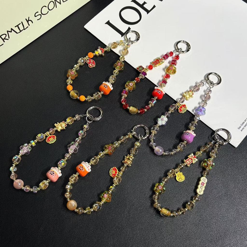 New Chinese-style Ceramic Lucky Cat Lanyard with Crystal Beads Hanging Key Chain Short Wrist Strap for Mobile Phones Bracelet