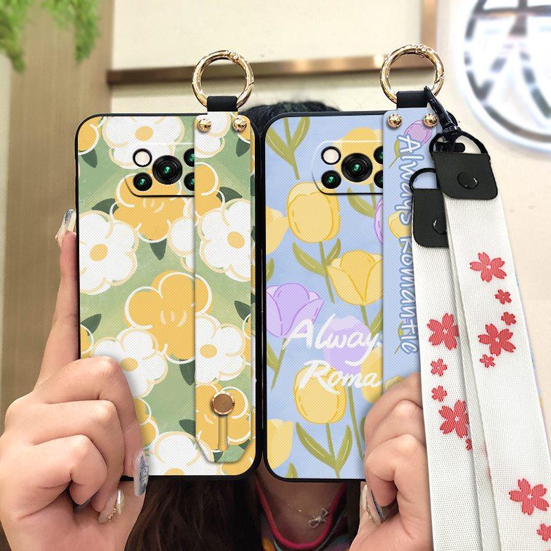 Anti-knock Protective Phone Case For Xiaomi Poco X3 NFC/X3 Pro Durable Oil Painting Phone Holder Wrist Strap Flower Ring