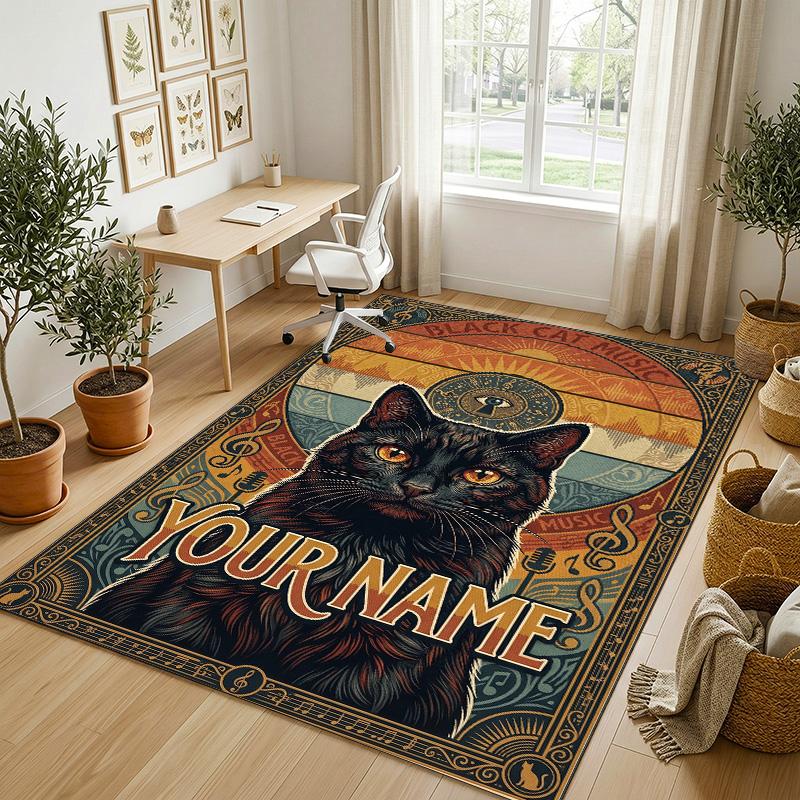 Black Cat Music Theme Soft Crystal Velvet Rug Custom Name & Text Print Non Slip Floor Rug for Bedroom Living Room