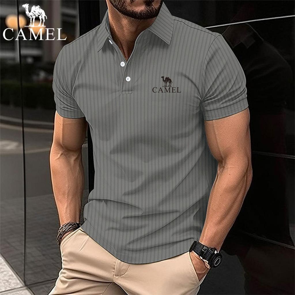 Camel Мужская летняя спортивная рубашка-поло для фитнеса и отдыха с вышивкой, эластичная рубашка-поло с короткими рукавами в вертикальную полоску
