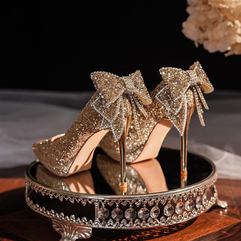 Waterproof Table Crystal Bow High Heels Socialite Temperament Banquet Sequined Bridesmaid Shoes