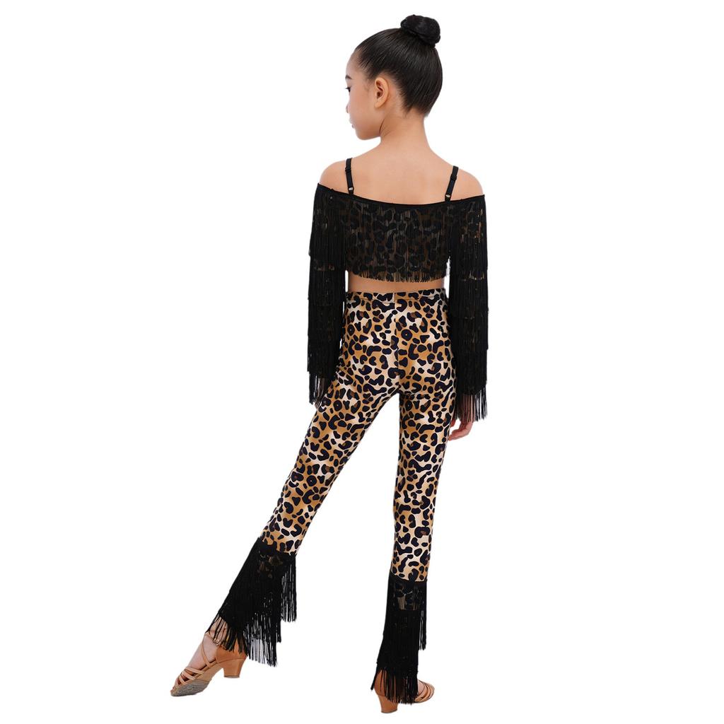 Girls Leopard Print Tassels Latin Dance Outfit Long Sleeve Crop Top Straps Adjustable Pants