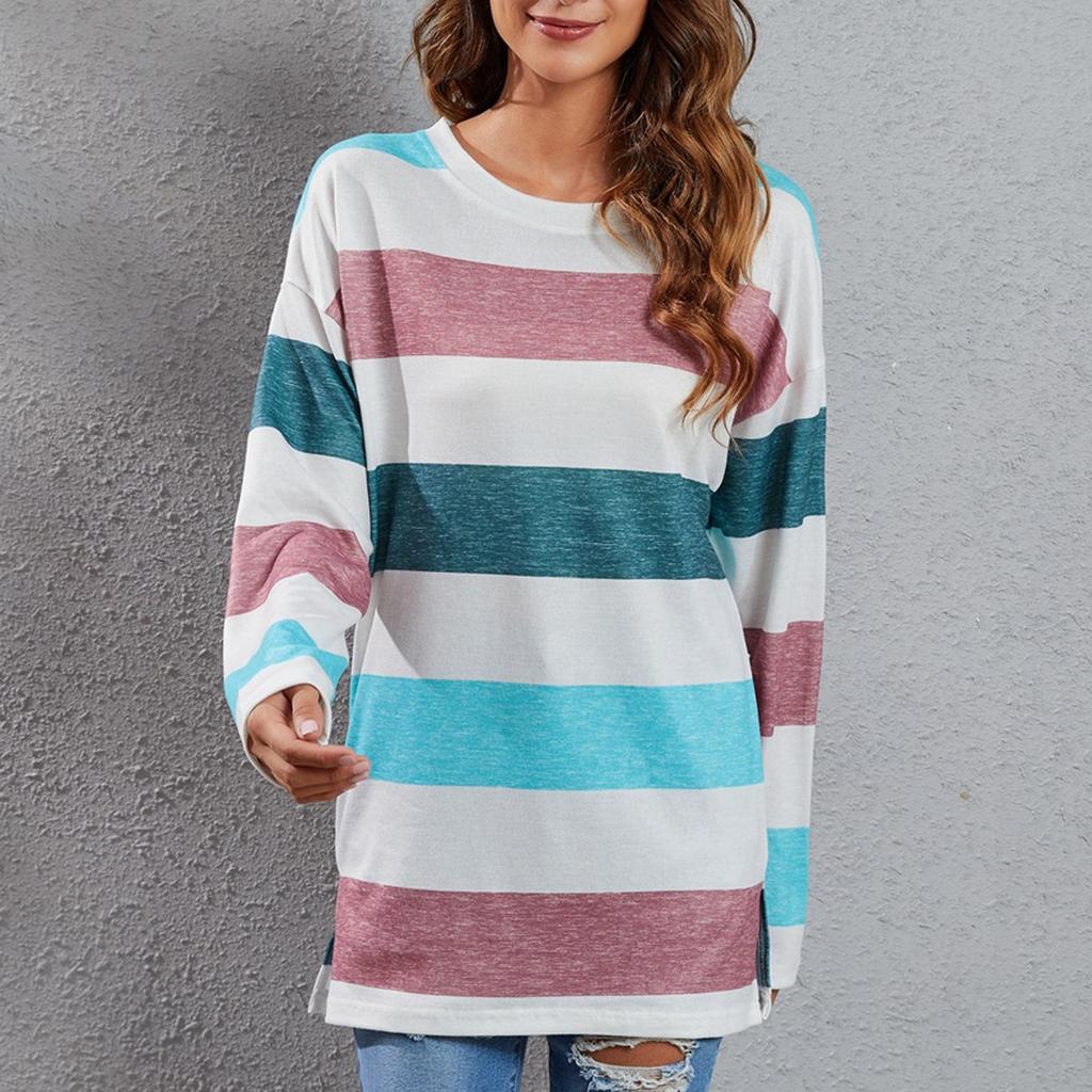 Женская модная повседневная разноцветная полосатая плюшевая футболка с круглым вырезом и длинным рукавом