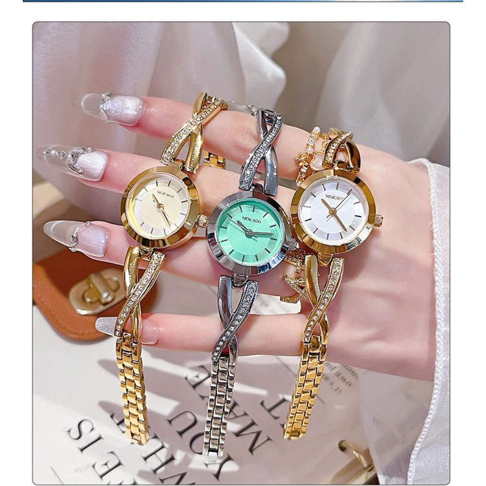 Elegant Ladies Quartz Watch Mini Round Dial Rhinestone Twisted Metal Bracelet Slim Analog Gift Wristwatch