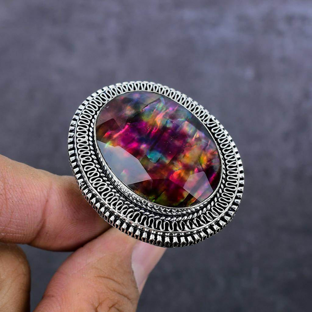 Ювелирное кольцо ручной работы из стерлингового серебра 925 пробы с драгоценным камнем аммолит, размер 9,5 a1f72