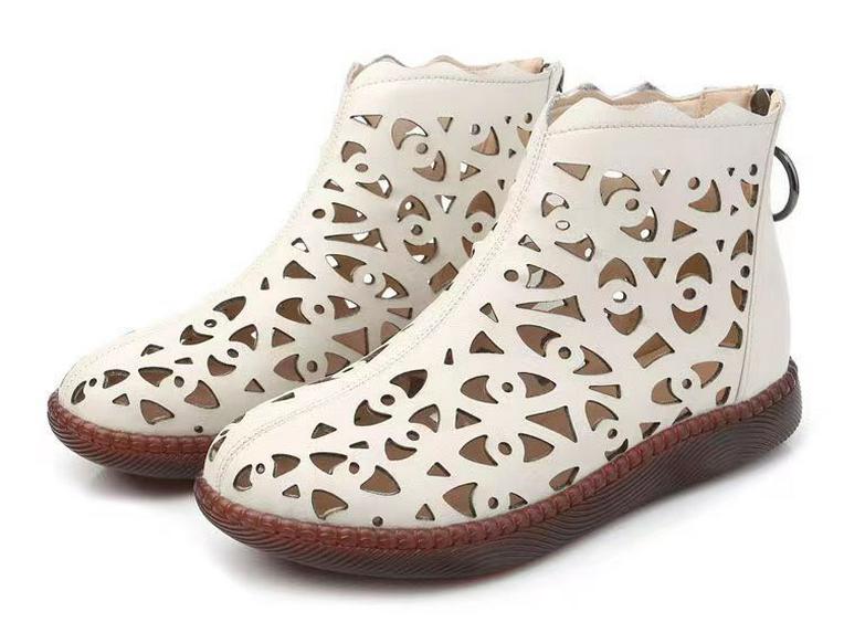 Весна/Лето 2024 Женские Ретро Туфли с Круглым Носком, Перфорацией и Застежкой-молнией