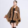 Autumn and Winter Women's Faux Otter Rabbit Hair Collar Leopard Jacquard Shawl Cape Large Size Knitted Cardigan Jacket