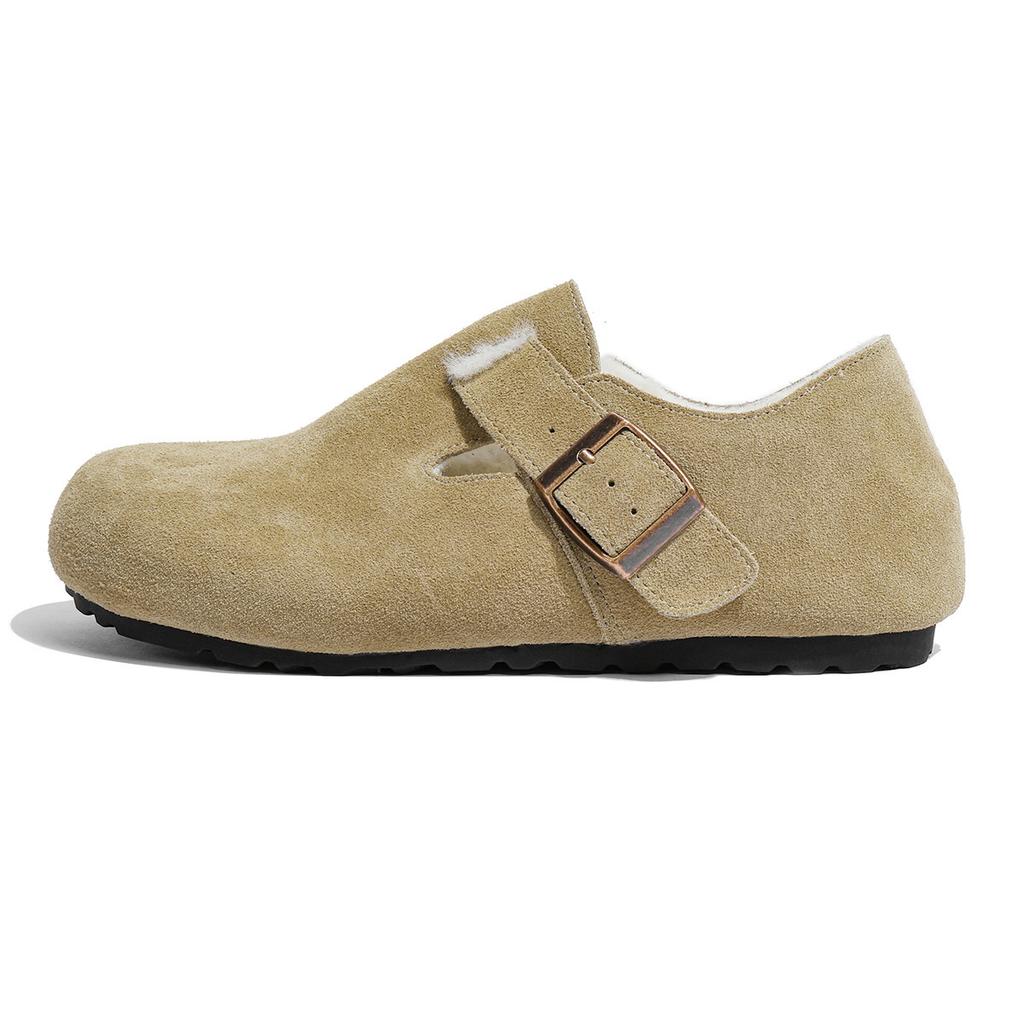 Кожаные Велюровые Birkenstocks, Женская Осенне-Зимняя Обувь из Шерсти и Хлопка, Снегоступы, Накладки, Полностью Закрытые Birkenstocks, Низкий Каблук и Износостойкие