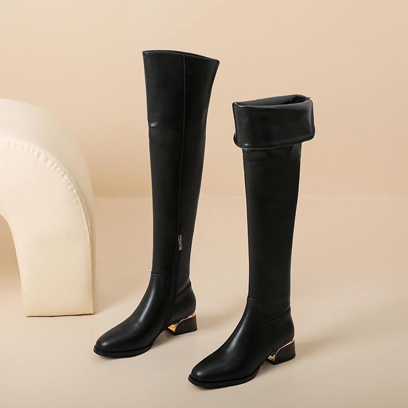 Krazing Pot Микрофибра из коровьей кожи Круглый носок Средний каблук Ботфорты выше колена Размер 46 Размер 45 Слипоны Большой размер Женские Сохраняют тепло Длинные сапоги
